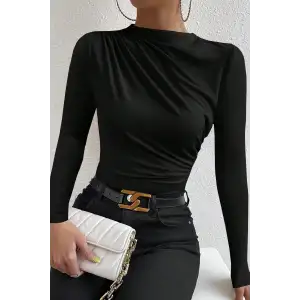 Kadın Siyah Belden ve Boyundan Büzgü Detaylı Uzun Kollu Bluz