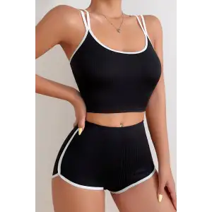 Kadın Siyah Beyaz Çapraz Lastik Detaylı Kaşkorse Şortlu Gecelik Takımı – Modern, Konforlu ve Günlük Kombinlere Uygun