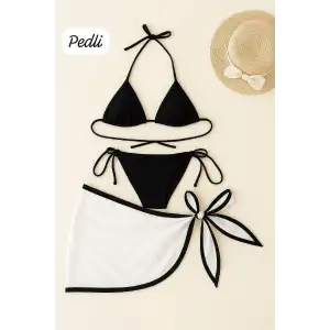 Kadın Siyah Beyaz Pareolu Yandan ve Boyundan Bağlamalı 3lü Bikini Takımı – Modern, Konforlu ve Günlük Kombinlere Uygun