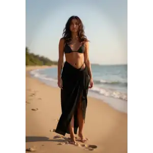 Kadın Siyah Bodrum Stili Bağlama Detaylı 150x75 Pareo – Modern ve Şık Tasarım