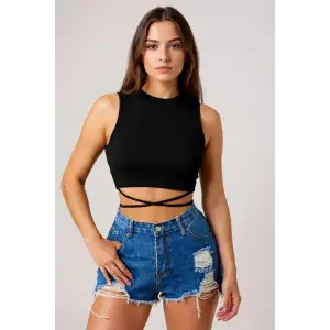 Kadın Siyah Çapraz Bağlamalı Crop Top Büstiyer – Modern ve Şık Tasarım