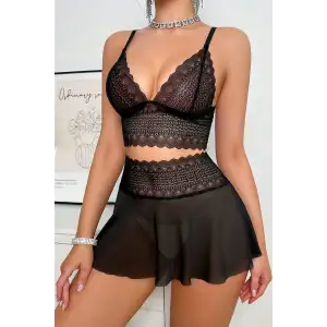 Kadın Siyah Dantel ve Tül Detaylı Etekli Şık Gecelik Takımı – Modern, Konforlu