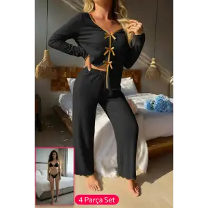 Kadın Siyah Fiyonklu İç Çamaşırı ve Uzun Kollu V Yaka Pijama Takımı 4lü Set