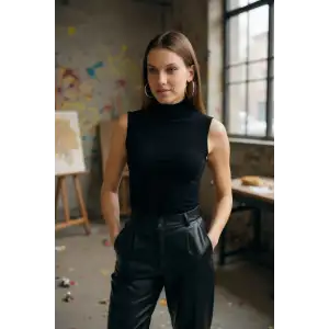 Kadın Siyah Kolsuz Balıkçı Yaka Basic Bluz