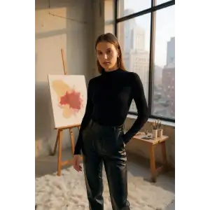 Kadın Siyah Parmak Detaylı Esnek Uzun Kollu Body