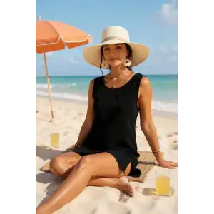 Kadın Siyah Sırt Detaylı Yırtmaçlı Plaj Elbisesi Pareo – Şık, Rahat ve 4 Mevsim Kullanıma Uygun