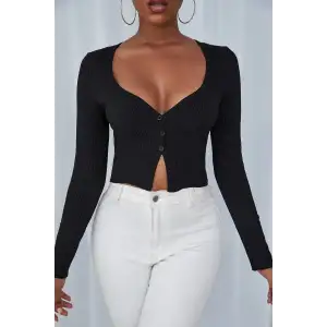Kadın Siyah Uzun Kollu Düğmeli Göğüs ve Göbek Dekolteli Crop Top Bluz – Şık, Rahat ve Kolay Kombinlenebilir