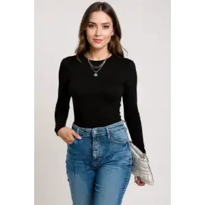 Kadın Siyah Uzun Kollu Fit Basic Crop Top Bluz