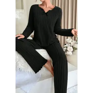 Kadın Siyah Uzun Kollu Fiyonklu Yuvarlak Yaka Mevsimlik Pijama Takımı