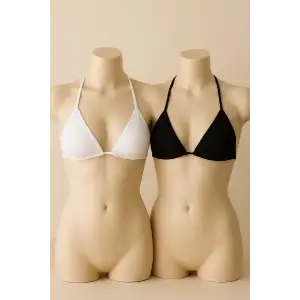 Kadın Siyah ve Beyaz Minimal Kesim Üçgen Bikini Üstü – Modern ve Şık Tasarım