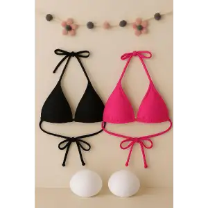 Kadın Siyah ve Fuşya Minimal Kesim Üçgen Bikini Üstü – Modern ve Şık Tasarım