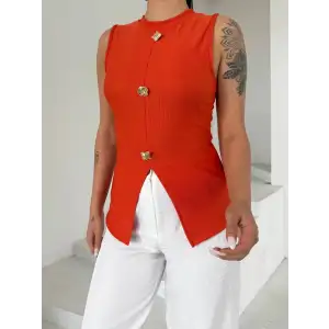 Kadın turuncu bisiklet yaka gold düğmeli ottoman bluz s2310