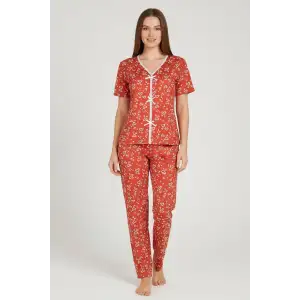 Kadın Turuncu Kalp Desenli Fiyonklu Kısa Kollu Uzun Pijama Takımı