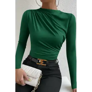 Kadın Yeşil Belden ve Boyundan Büzgü Detaylı Uzun Kollu Bluz