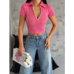 kaşkorse yaka fermuarlı bluz fuşya