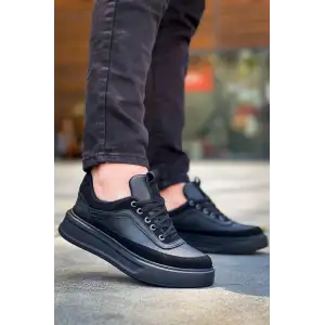 KB-006 Kuback Siyah Cilt Siyah Yüksek Taban Bağcıklı Günlük Erkek Ayakkabı