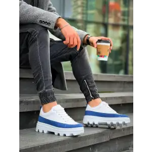 KB-056 Kuback Beyaz Mavi Detaylı Beyaz Yüksek Taban Günlük Spor Ayakkabı