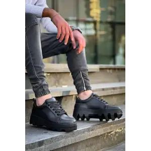 KB-056 Kuback Siyah Cilt Siyah Yüksek Taban Günlük Spor Ayakkabı