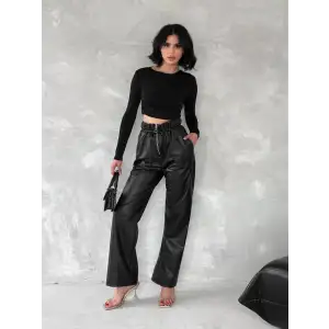 Kendinden ince kemerli deri pantolon siyah t1178