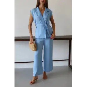 Keten yelek pantolon takım mavi pt