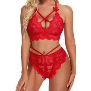 Kırmızı Çapraz Ip Detaylı Şık Sütyen Külot Takım