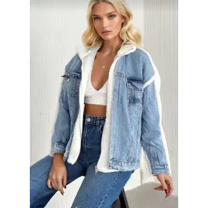 Kürklü kot ceket mavi t7009