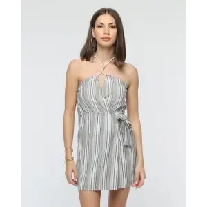 Kuşaklı çizgili mini keten elbise