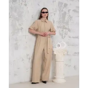 Kuşaklı gömlek yaka salaş tulum bej s255822