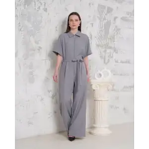 Kuşaklı gömlek yaka salaş tulum gri s255822