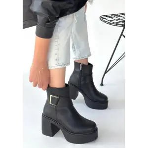 Lonji Siyah Cilt Topuklu Bot