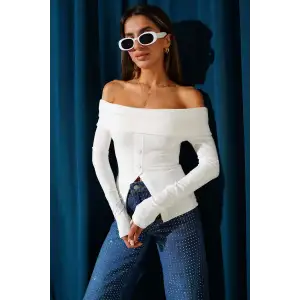 Madonna Yaka Düğmeli Bluz Beyaz t4329