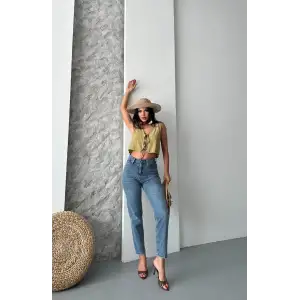 Mom fit bıyık kar yıkama jeans pantolon koyu mavi d2006