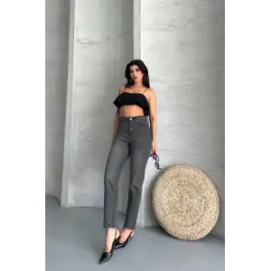 Mom fit enzim taş yıkama jeans pantolon füme d2006