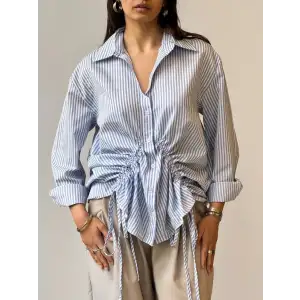 Önü büzgü detaylı çizgili gömlek
