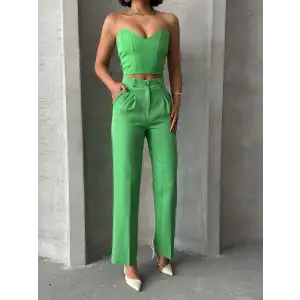 Palazzo pantolonlu alt üst takım yeşil