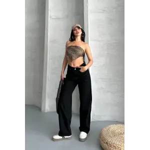 Palazzo straight enzim süper taş yıkama jeans pantolon siyah d2008