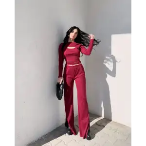 Pencereli detaylı alt üst takım bordo w3864