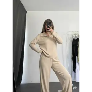 Polo yaka alt üst kollu modal takım bej pt