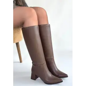 Roksa Acı Kahvei Cilt Topuklu Çizme