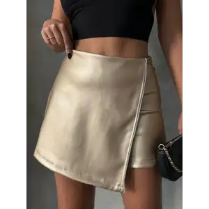 Taşlı şort etek deri gold h240018