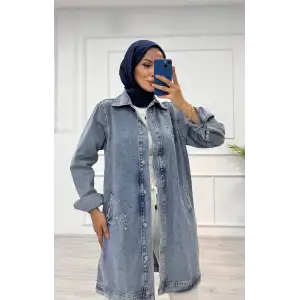 Taşlı tunik ceket kar yıkama orta mavi d2516
