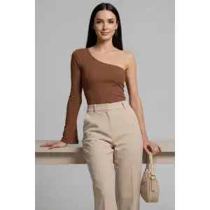 Tek Omuzlu Basic Bluz kahve T4275