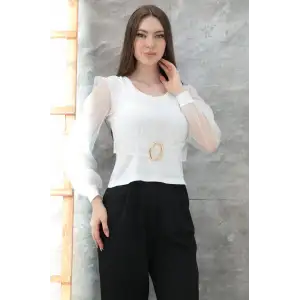 Tokalı tül kollu bluz beyaz t4071