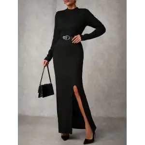 Yırtmaçlı jakarlı uzun elbise siyah A3793