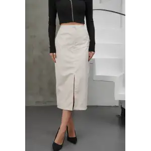 Yırtmaçlı uzun deri etek krem