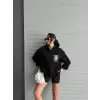 3 iplik şardonlu oversize kafa baskılı sweat siyah