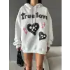 3 iplik şardonlu oversize true baskılı sweat Beyaz