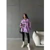 3 iplik şardonlu oversize true baskılı sweat mor
