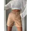Beli lastikli duble paça deri şort bej w24755