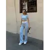 Crop pantolon biyeli takım mavi